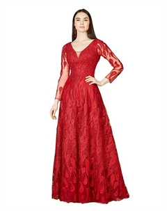 Женское бальное платье с длинными рукавами и V-образным вырезом, красный Lara