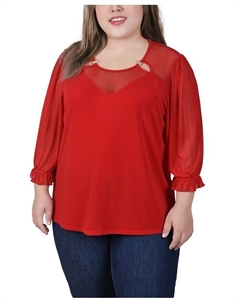 Топ больших размеров с рукавами 3/4 с кольцом и сеткой, красный Ny collection