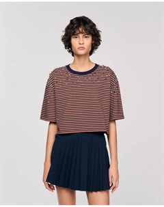 Женская футболка в полоску со стразами, коричневый Sandro