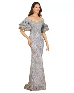 Женское платье-русалка с открытыми плечами, бисером и ярусными рукавами, серый Lara