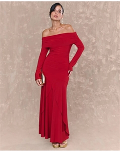 Длинное платье с вырезом лодочкой и асимметричной юбкой, красный Miphai