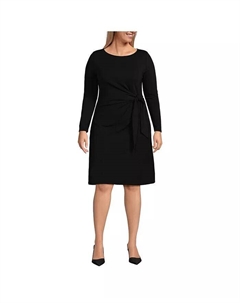 Платье больших размеров с вырезом «лодочкой», длинными рукавами и завязкой на талии, черный Lands' end