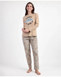 Длинная женская пижама из хлопкового трикотажа цвета верблюжьей шерсти Peanuts