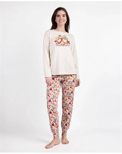 Длинная женская пижама из хлопкового трикотажа бежевого цвета Disney