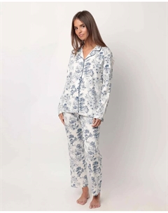 Женская длинная открытая пижама из хлопкового трикотажа, синий Admas