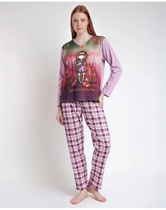 Женская пижама длинная из хлопкового трикотажа сиреневого цвета Santoro