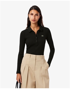 Женское поло из хлопка в рубчик с короткими рукавами и приталенным кроем, черный Lacoste