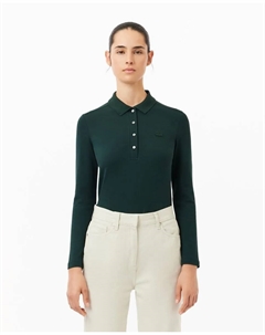 Женская поло облегающего кроя из эластичного пике с длинными рукавами, темно-зеленый Lacoste