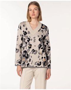Женский жаккардовый свитер с животным принтом и V-образным вырезом, светло-серый Naulover