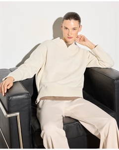 Женский свитер крупной вязки с закрытым V-образным вырезом, экрю Woman el corte inglés