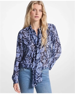 Блузка из жатого шифона с принтом и бантом на шее, светло-голубой/темно-синий Michael michael kors