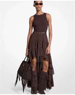 Короткое платье с асимметричным подолом и оборками, шоколадный коричневый Michael michael kors