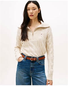 Женский джемпер с узором «косичка» и полу-молнией, кремовый Tommy hilfiger