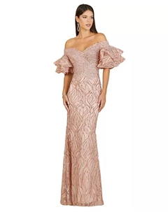 Женское платье-русалка с открытыми плечами, бисером и ярусными рукавами, синий Lara