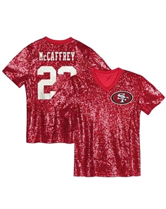 Женская футболка Christian McCaffrey Scarlet San Francisco 49ers с именем игрока и номером, V-образным вырезом Outerstuff
