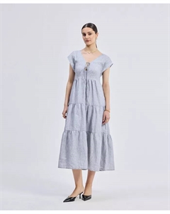 Женское многоярусное платье со сборками и завязками спереди – льняные полоски Reistor