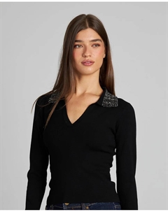 Женский вязаный топ с воротником-отложным и декором из камней, с V-образным вырезом, черный Alma en pena.