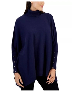 Женский однотонный свитер-пончо с высоким воротником, стандартного и миниатюрного размера, синий Jm collection