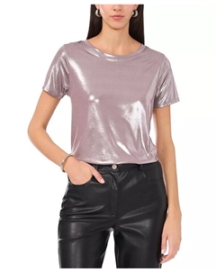 Женский топ с короткими рукавами и круглым вырезом цвета металлик, коричневый Vince camuto