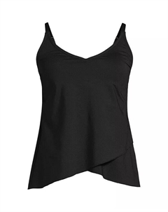 Верх купальника танкини с длинным торсом и устойчивым к хлору тюльпановым краем большого размера, черный Lands' end