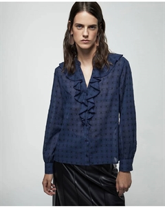 Блузка с воланами из добби, темно-синий Сфера