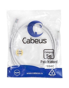 Патч-корд CABEUS вилка RJ-45, вилка RJ-45, кат.5E, ПВХ, 1.5м, белый Cabeus