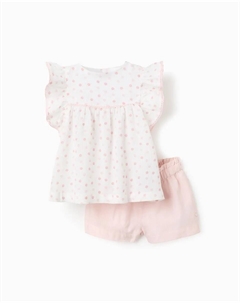 Детский комплект 100% хлопок с цветочным принтом и оборками, белый/розовый Zippy