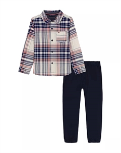Мальчиковый комплект для малышей 2T-4T: клетчатая рубашка с отделкой из шамбри и предварительно постиранные джоггеры Tommy hilfiger