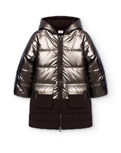 Длинный детский пуховик с капюшоном и внешними карманами, коричневый Boboli