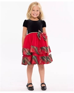 Детское платье с короткими рукавами из бархата и клетчатой ярусной юбкой размер 2T-6X, мультиколор Bonnie jean