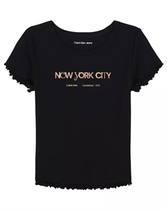 Футболка для девочек 7-16 лет с коротким рукавом, рифленая вязка с фольгированным принтом, черный Calvin klein