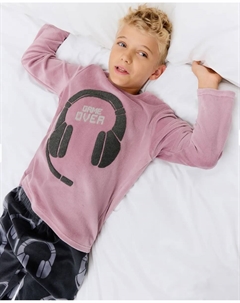 Длинная велюровая пижама с фантазийным принтом для мальчика, коричневый Cotton juice