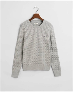 Вязаный джемпер с узором «косы» и круглым вырезом, серый Gant