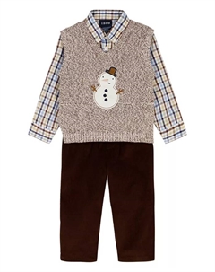 Комплект для мальчиков из трех предметов: свитер-жилет, рубашка и брюки с новогодним снеговиком, мультиколор Izod
