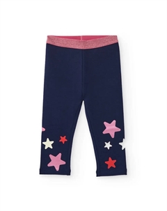 Детские леггинсы темно-синего цвета с принтом из разноцветных звезд и ярко-розовой эластичной талией Tuc tuc