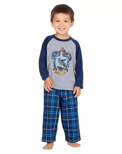 Мальчиковый комплект пижамы из 2 предметов в клетку с гербом факультетов Хогвартса реглан - Гриффиндор Хаффлпафф Слизерин Когтевран, синий Harry potter