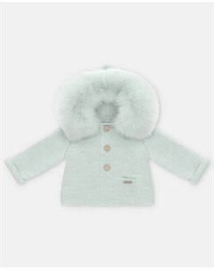 Вязаное пальто для малышей с капюшоном и искусственным мехом светло-зеленого цвета Martin aranda