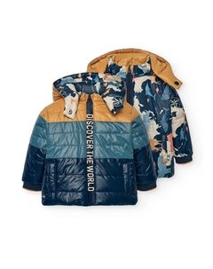 Детский пуховик с принтом и капюшоном, темно-синий Boboli