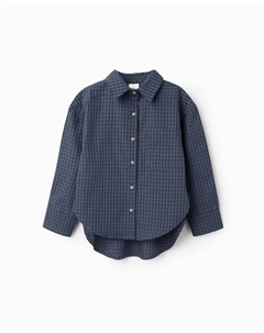 Детская рубашка с узором Виши, с опущенными плечами, темно-синий Zippy