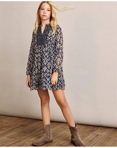 Детское платье с длинными рукавами из шифона с деталями смок и принтом икат по всей поверхности, синий Coconut el corte inglés