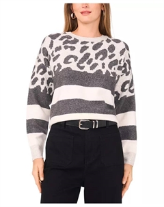 Женский уютный свитер с круглым вырезом, длинным рукавом и принтом в полоску с животными, серебро Vince camuto