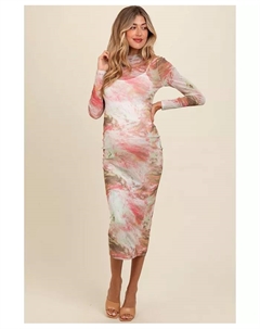 Беременное розовое платье макси с абстрактным принтом и сетчатой накидкой Pinkblush