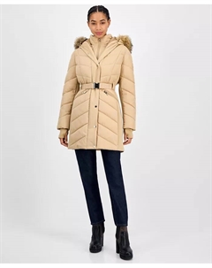 Женская пуховик с поясом и капюшоном с отделкой из искусственного меха, загар/бежевый Michael kors