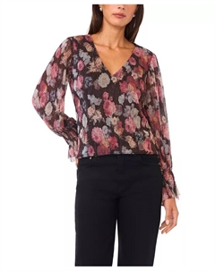 Женский топ с длинными рукавами и V-образным вырезом, с присборенными манжетами, черный Vince camuto