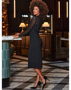 Платье-миди с высоким воротником из блестящей сетки, Black Sosandar