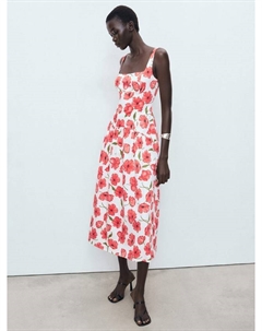 Платье миди Pola из хлопковой смеси с цветочным принтом, квадратным вырезом и расклешённым подолом без рукавов Mango