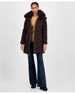 Женская пуховик с капюшоном и отделкой из искусственного меха, коричневый Michael kors