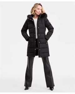 Женская пуховик с капюшоном и отделкой из искусственного меха, черный Michael kors