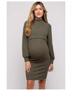 Оливковое платье для кормления с воротником-стойкой и резинкой для беременных, зеленый Pinkblush