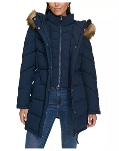 Женская пуховик с капюшоном и отделкой из искусственного меха, создано для Macy's, синий Tommy hilfiger